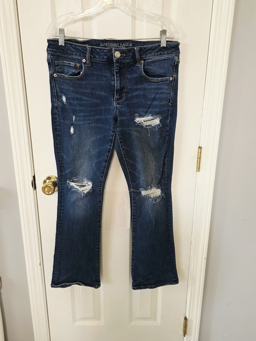 American Eagle Outfitters Women's Distressed Dark Blue Flare Jeans 12 Short